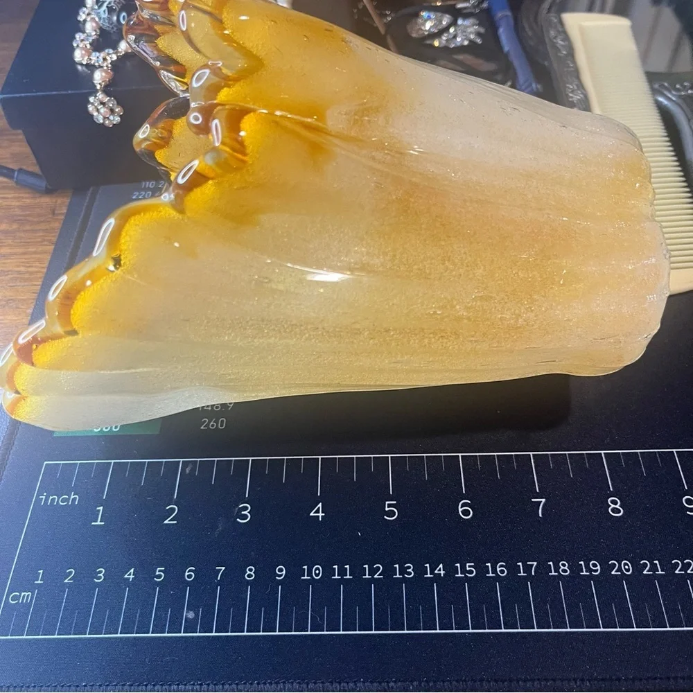 Vintage amber art glass vase handkerchief ruffle mid century murano style